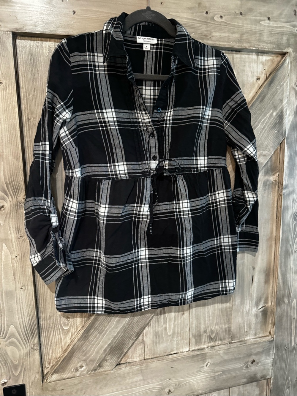 Maternity Liz Lange Black & White Plaid Button-Up Tunic with Waist Tie